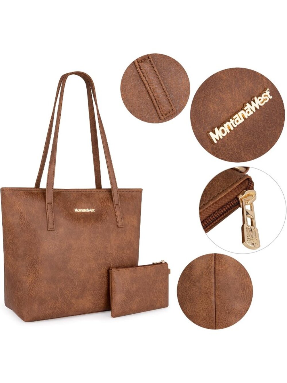Women's Brown Vegan Leather Purse Ladies Shoulder Handbag West Tote Bags - Picture 4 of 6
